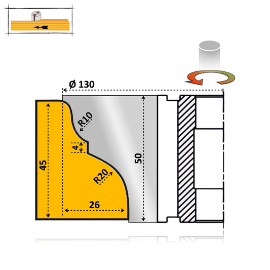 Freza Alezaj brazata cu Hss pentru realizare cornisa de mobilier din lemn de 45 mm inaltime cu adancime de 24 mm cu un profil regal