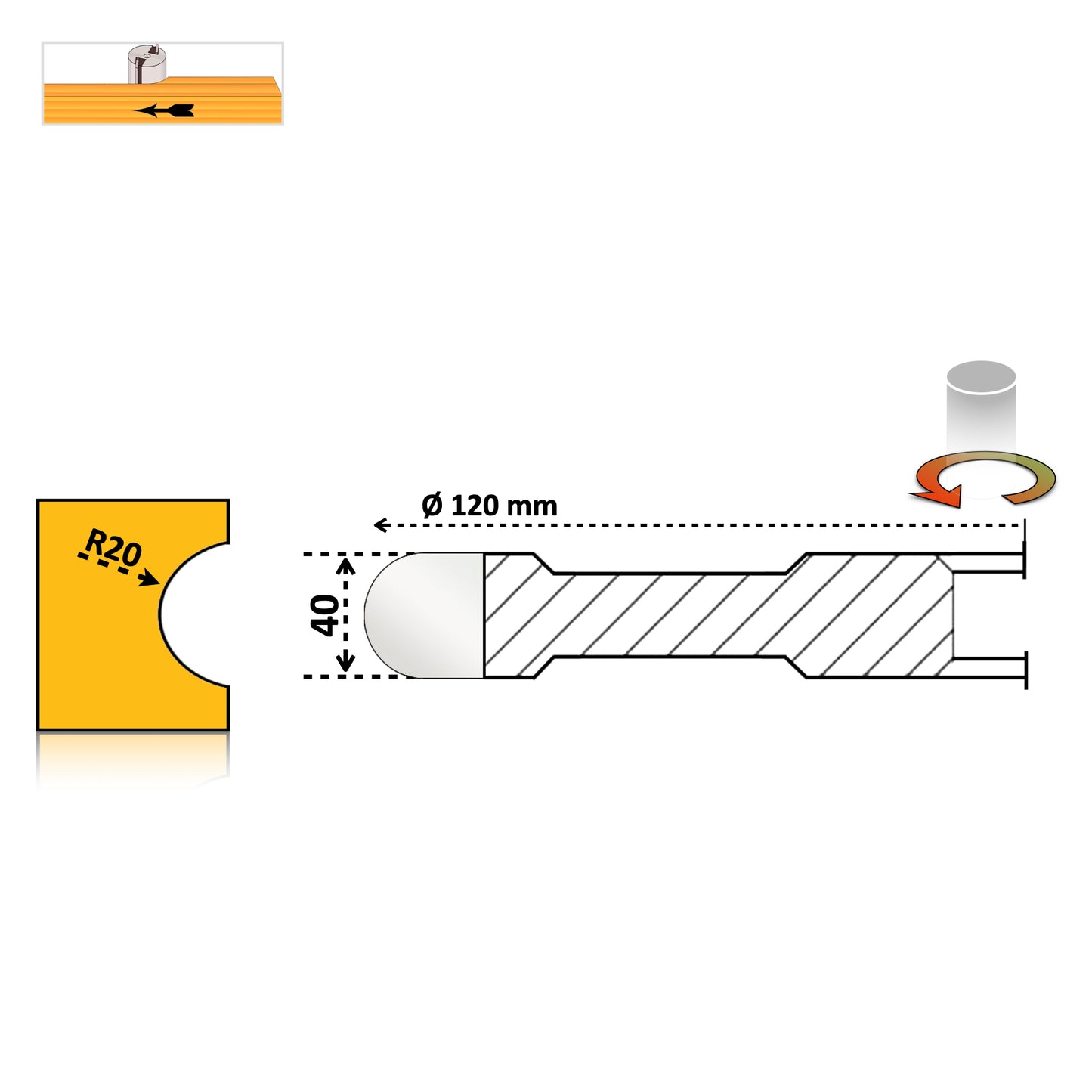 Freza cu alezaj, placată cu HSS, proiectată pentru prelucrarea canelurilor semirotunde sau de raionat în lemn esenta moale sau tare masiv, holcher 40 mm, rază de 20 mm