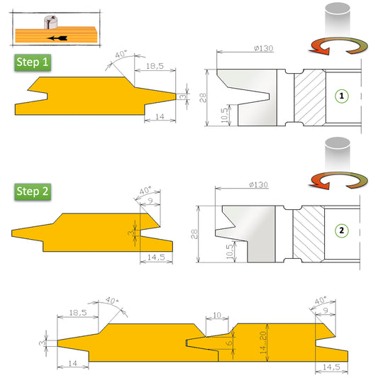 Set Freze pentru Lambriu cu profil oblic tesit la 40 grade cu sant de 10 mm si imbinare conic pentru masina de frezat clasica sau scm