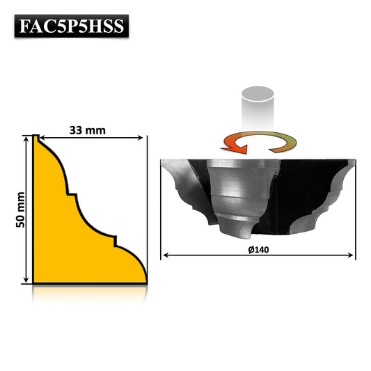 Freza profesională pentru cornișe și plinte, 50 mm, HSS brazat – rezistență ridicată, tăieturi netede și performanță în prelucrarea lemnului.