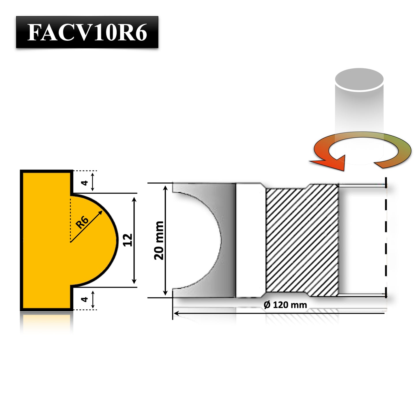 Freza profesională pentru rotunjirea canturilor, profil concav R6, HSS M2, prelucrare precisă a lemnului.