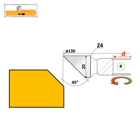 Freză Teşită la 45° Grade de Fațetat Lemn 20 mm - HSS sau Vidia
