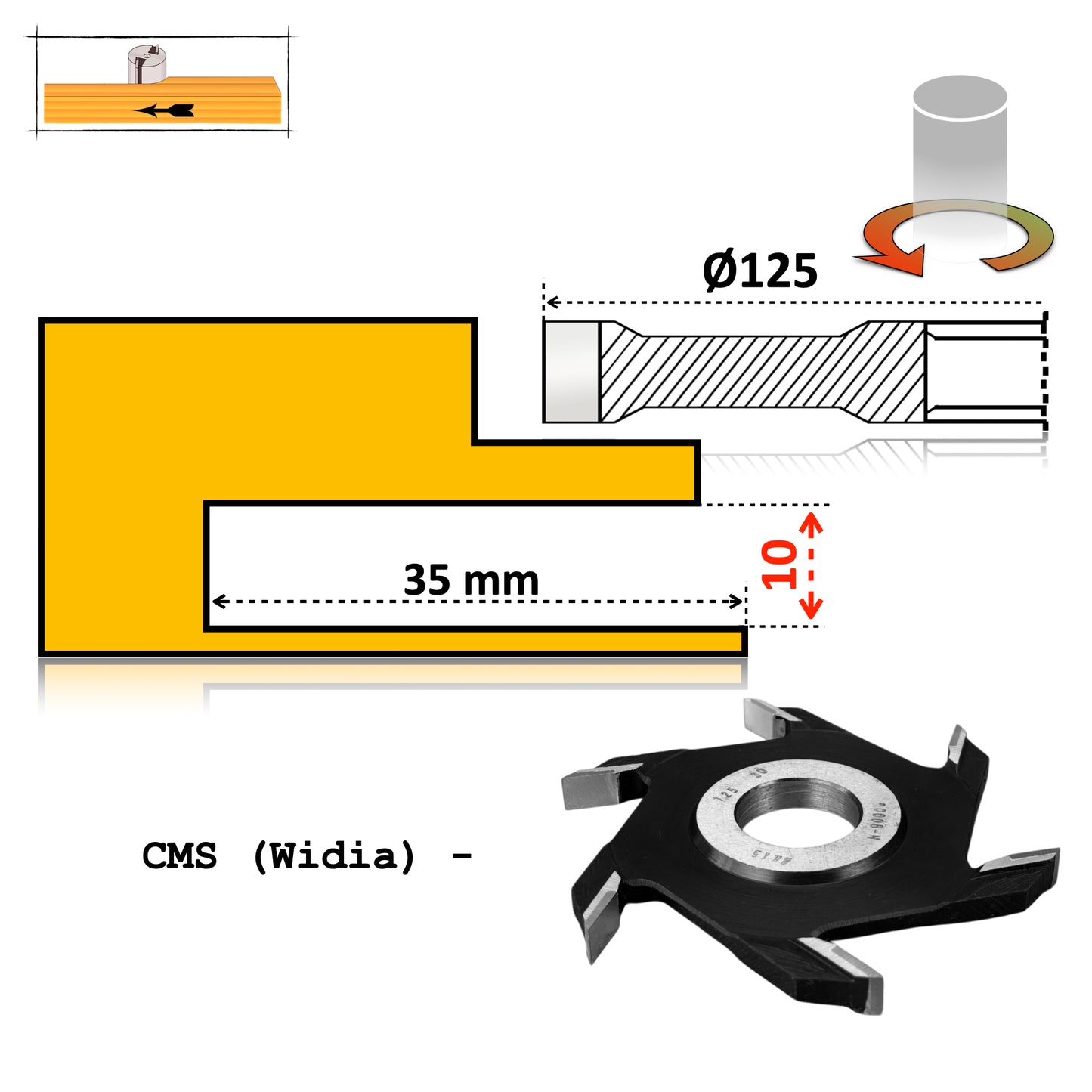 Freză nut clasică CMS Widia, 125 x 10 mm – ideală pentru realizarea de ulucuri și falturi precise în lemn.