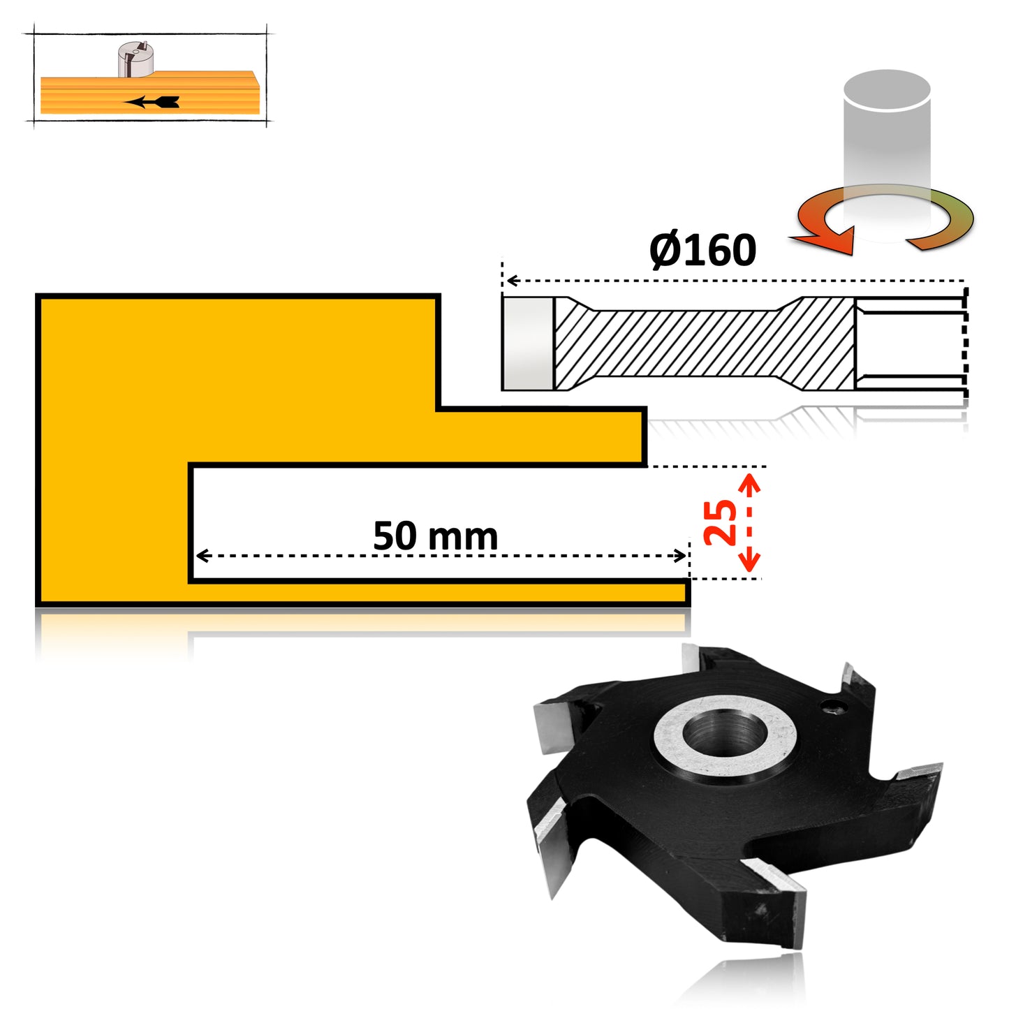 Freză pentru nuturi și caneluri, 160 x 25 mm, cu plăcuțe Vidia – tăieri curate și durabile în lemn masiv.
