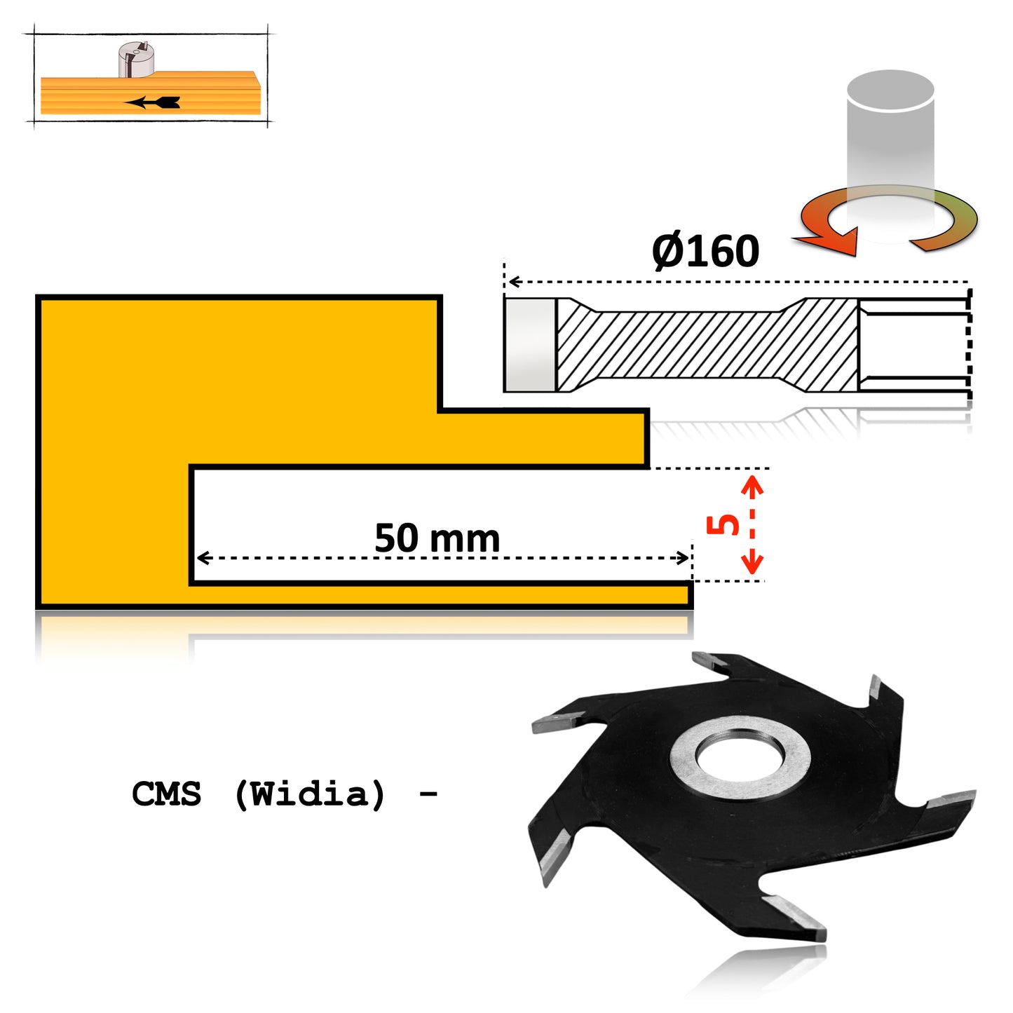 Freză pentru nuturi și caneluri, 160 x 5 mm, cu plăcuțe Vidia – tăieri curate și durabile în lemn masiv.