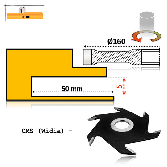 Freză pentru nuturi și caneluri, 160 x 5 mm, cu plăcuțe Vidia – tăieri curate și durabile în lemn masiv.