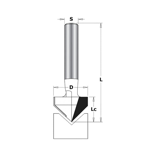 Freză cu Coadă pentru Caneluri în "V" D=12mm, S=8mm, Lc=12mm, Z2 – T.C.T. (Vidia) – Vatzo