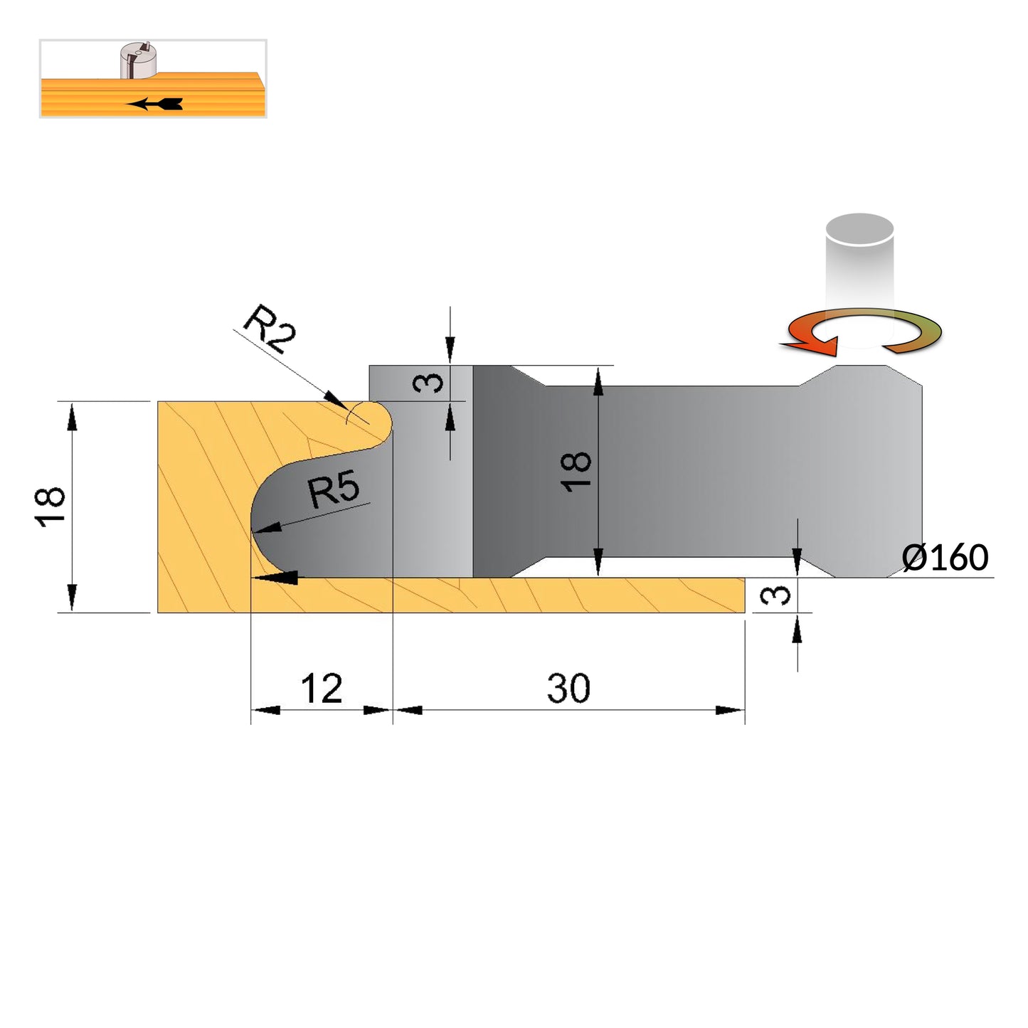 Freză profilată Widia pentru mânere ergonomice de mobilier din MDF și PAL, compatibilă cu ax vertical.
