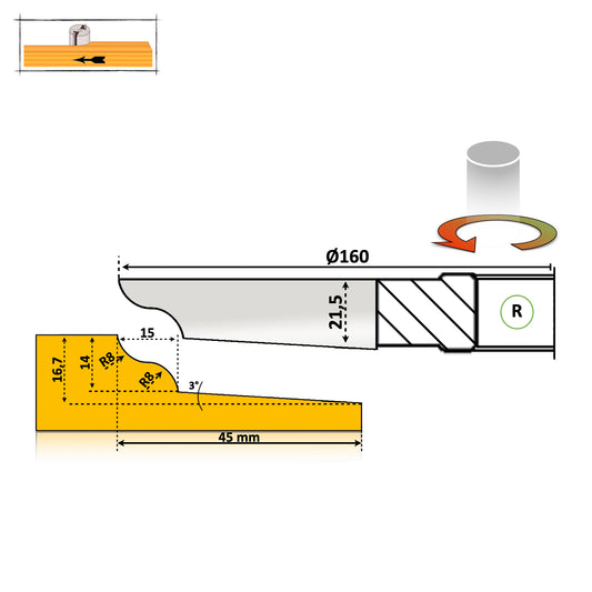 Freza alezaj pentru tablie mobila cu un profil val treptat royal pentru lemn masiv sau moale adancime profilat 45 mm cu partea activa asupra lemnului