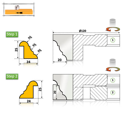 Detaliu profil baghetă realizat cu freza profesională 01.25P3, finisaj neted și tăiere precisă pe ax vertical.