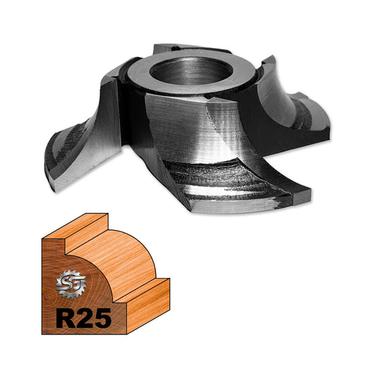 Freza sfert de cerc concav R25 placată cu HSS M2 pentru lemn, disponibilă în variante dreapta și stânga, pentru uluci și contururi adânci.
