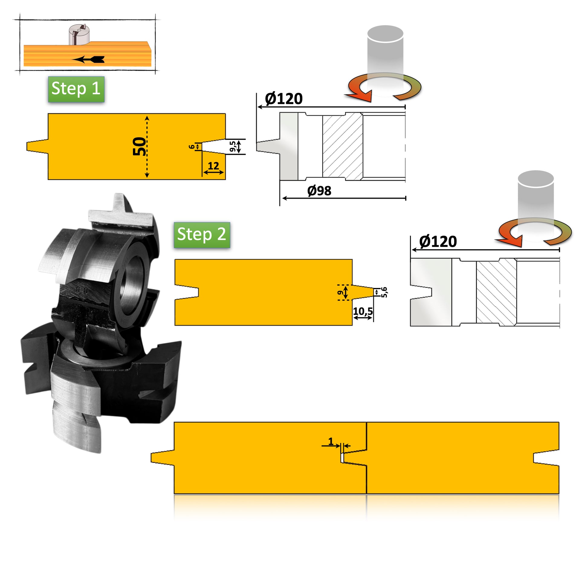 Freza îmbinare nut și feder conic 50 mm, HSS, alezaj 30 mm, pentru lemn