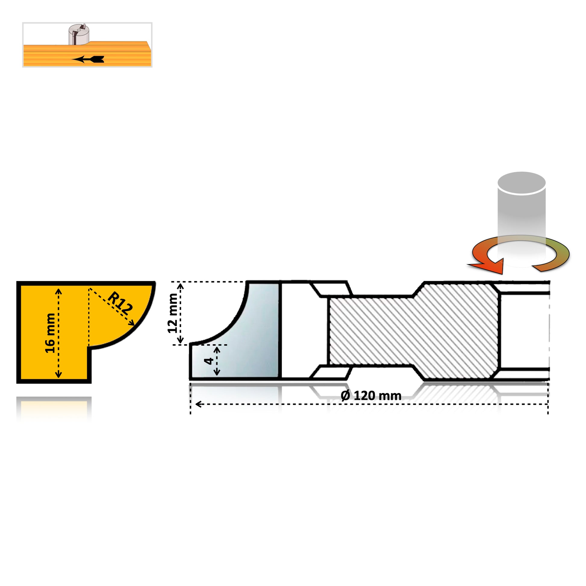 Freza sfert de cerc concav 16 mm, rază 12 mm, placată cu HSS sau Vidia. Disponibilă în variantele stânga.