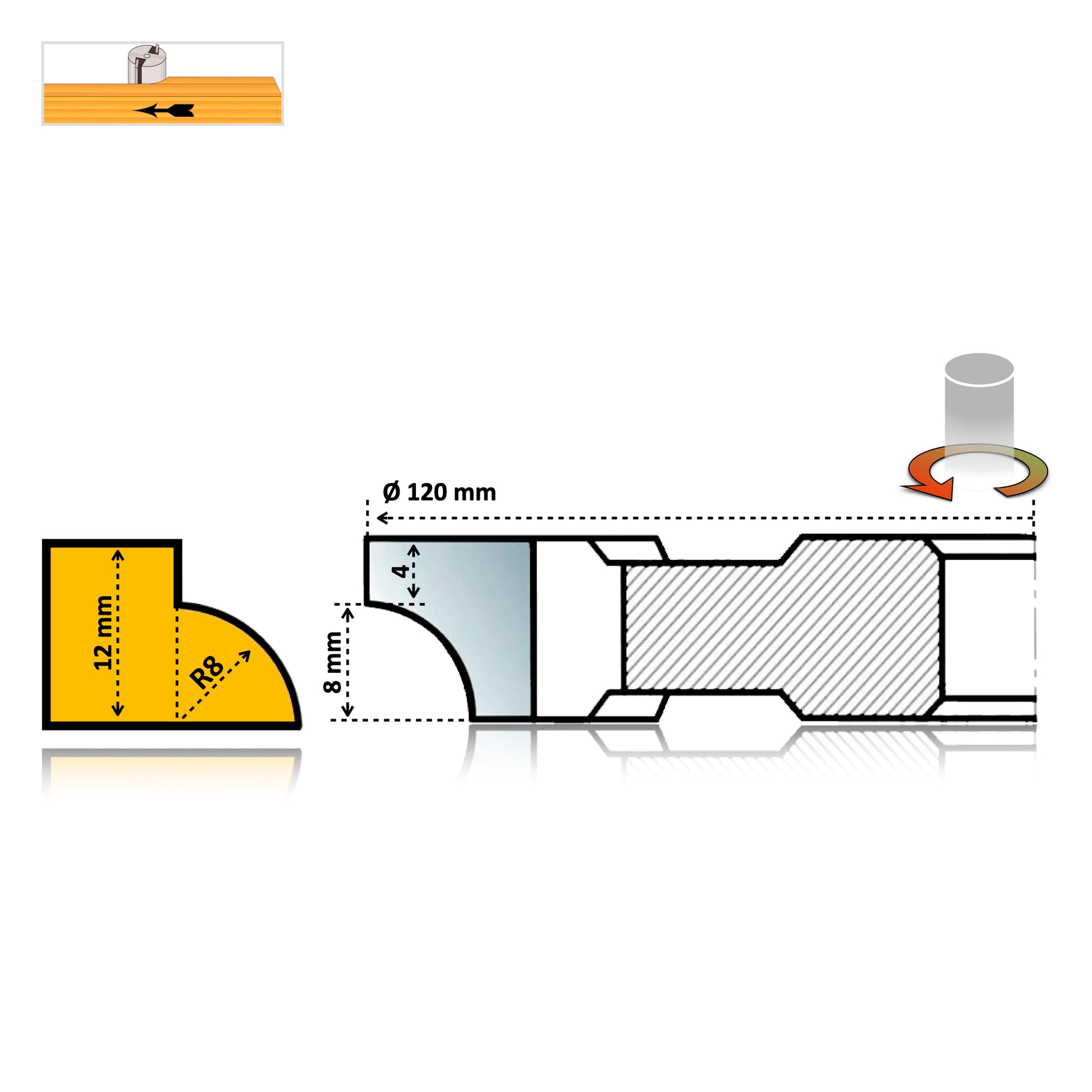 Freza Concavă Sfert de Cerc HSS, rotunjire cant cu raza de 8 mm dimensiuni 120 x 30 x 12 R8 dreapta