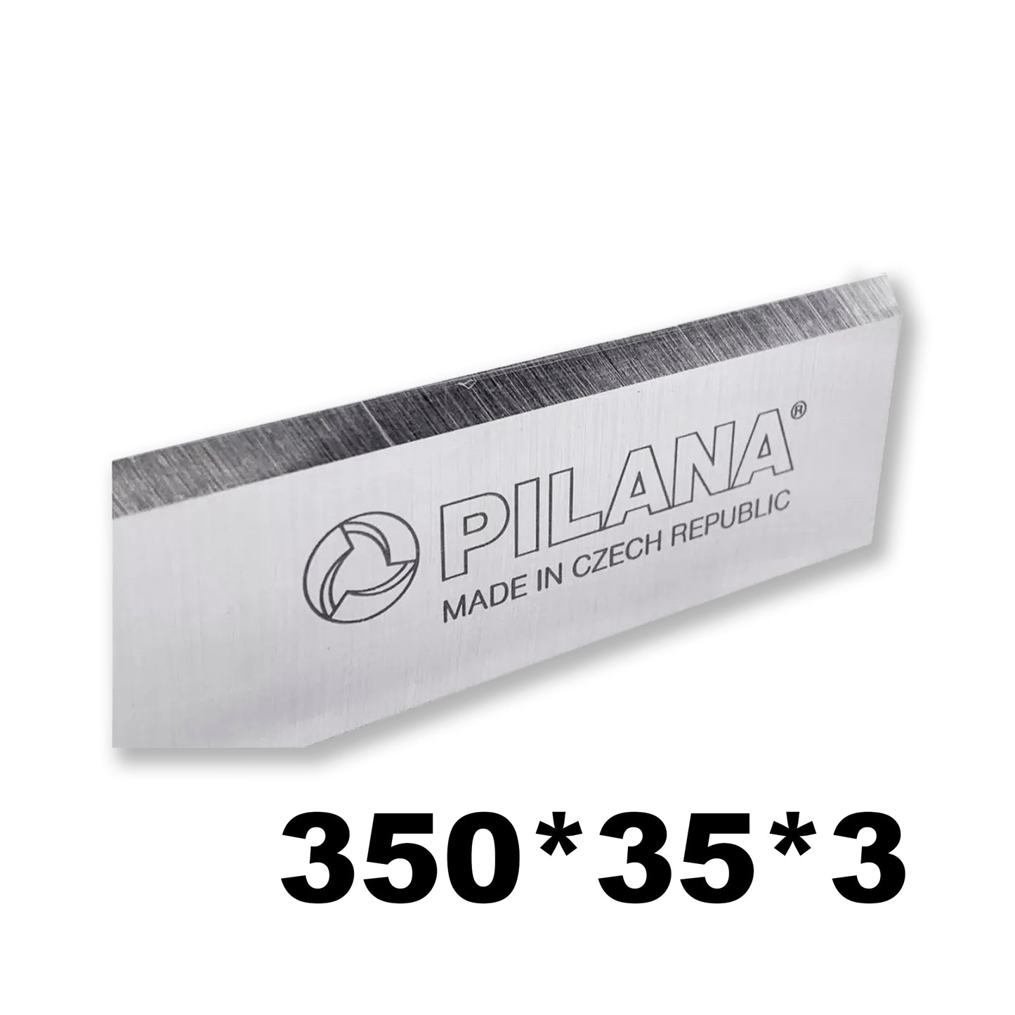 Cuțit de rindeluire Pilana 350 x 35 x 3 mm, special conceput pentru mașini de abric (Abricht). Oțel de calitate superioară pentru durabilitate și tăieri precise în prelucrarea lemnului.