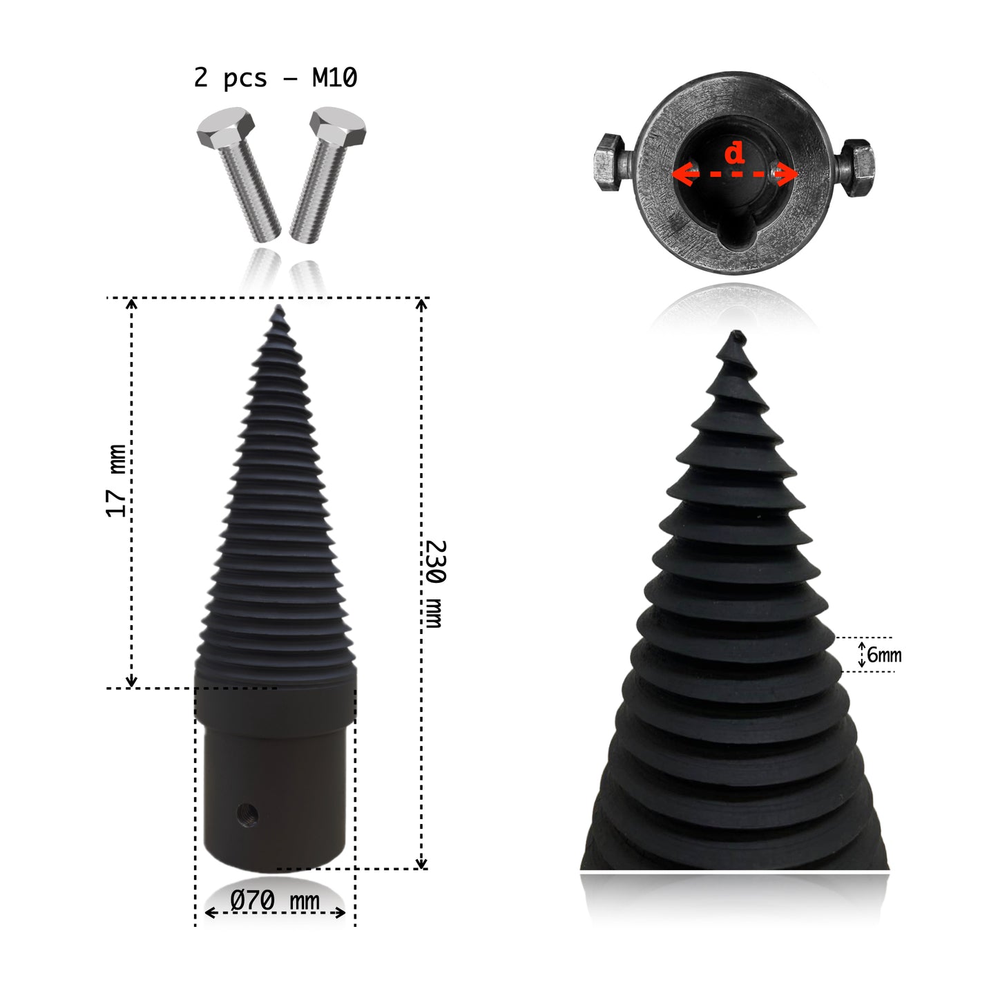 Con Crapător Lemne Spiralat, Tip Burghiu | Ø60 mm - Ø100 mm | Tratat Termic