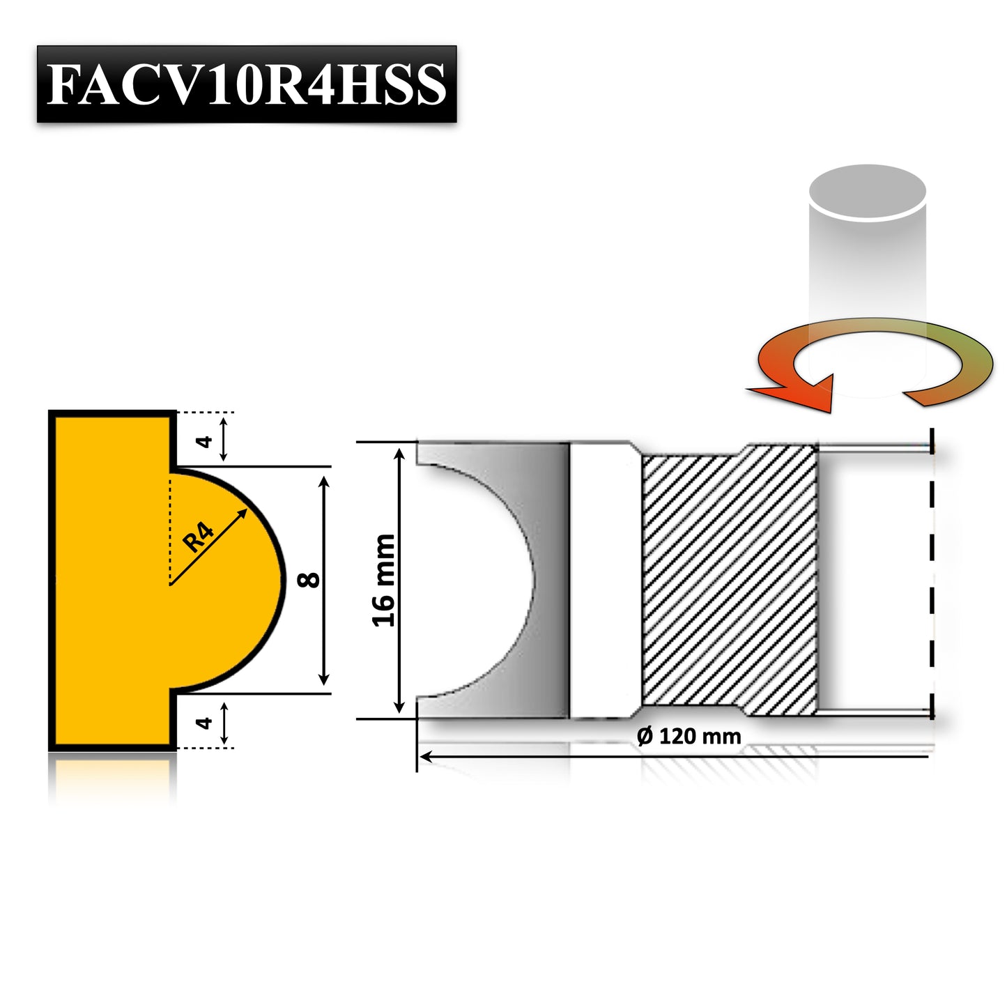 Freza Concava Semi Cerc radius 4 mm de 8 mm grosime pentru profillare semirotund