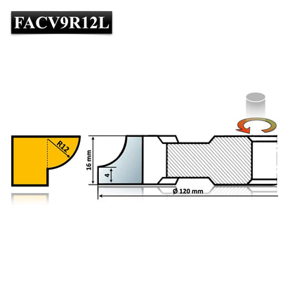 Freza sfert de cerc concav 12 mm, rază 12 mm, placată cu HSS, alezaj 30 mm. Disponibilă în variantele dreapta și stânga.