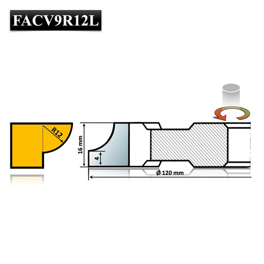 Freza sfert de cerc concav 12 mm, rază 12 mm, placată cu HSS, alezaj 30 mm. Disponibilă în variantele dreapta și stânga.