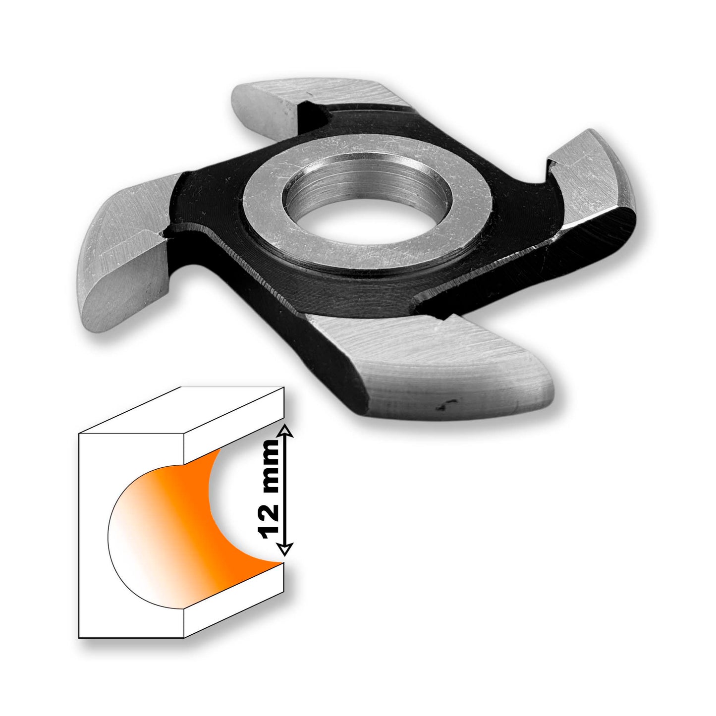 Freza cu alezaj, placată cu HSS, proiectată pentru prelucrarea canelurilor semirotunde sau de raionat în lemn, holcher 12 mm, rază de 6 mm pentru precizie.