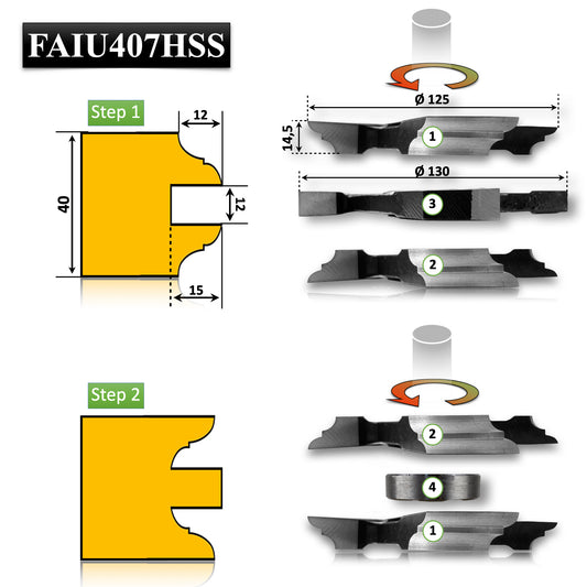 Freze profil-contraprofil, 40 mm, HSS – set complet cu 3 freze + inel distanțier. Ideal pentru fabricarea ușilor din lemn cu îmbinări estetice și rezistente.