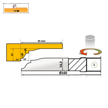 Freza tablie mobila 45 mm HSS cu spatiu de lucru 14 mm pentru lemn moale sau masiv cu un profil treptat cu rotunjire 6 mm cu partea activa sub lemn