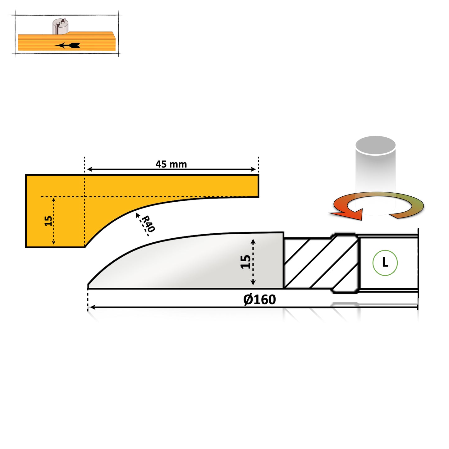 Freza tablie mobila 45 mm HSS cu un profil absolut semirotunjit neted cu raza 40 mm cu partea activa sub lemn