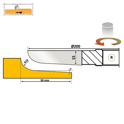 Freza diamentru 200 mm pentru tablie usi cu un profil siplu si neted cu partea activa deasupra scandurei cu raza de 10 mm