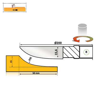 Freza diamentru 200 mm pentru tablie usi cu un profil siplu si neted cu partea activa deasupra scandurei cu raza de 20 mm