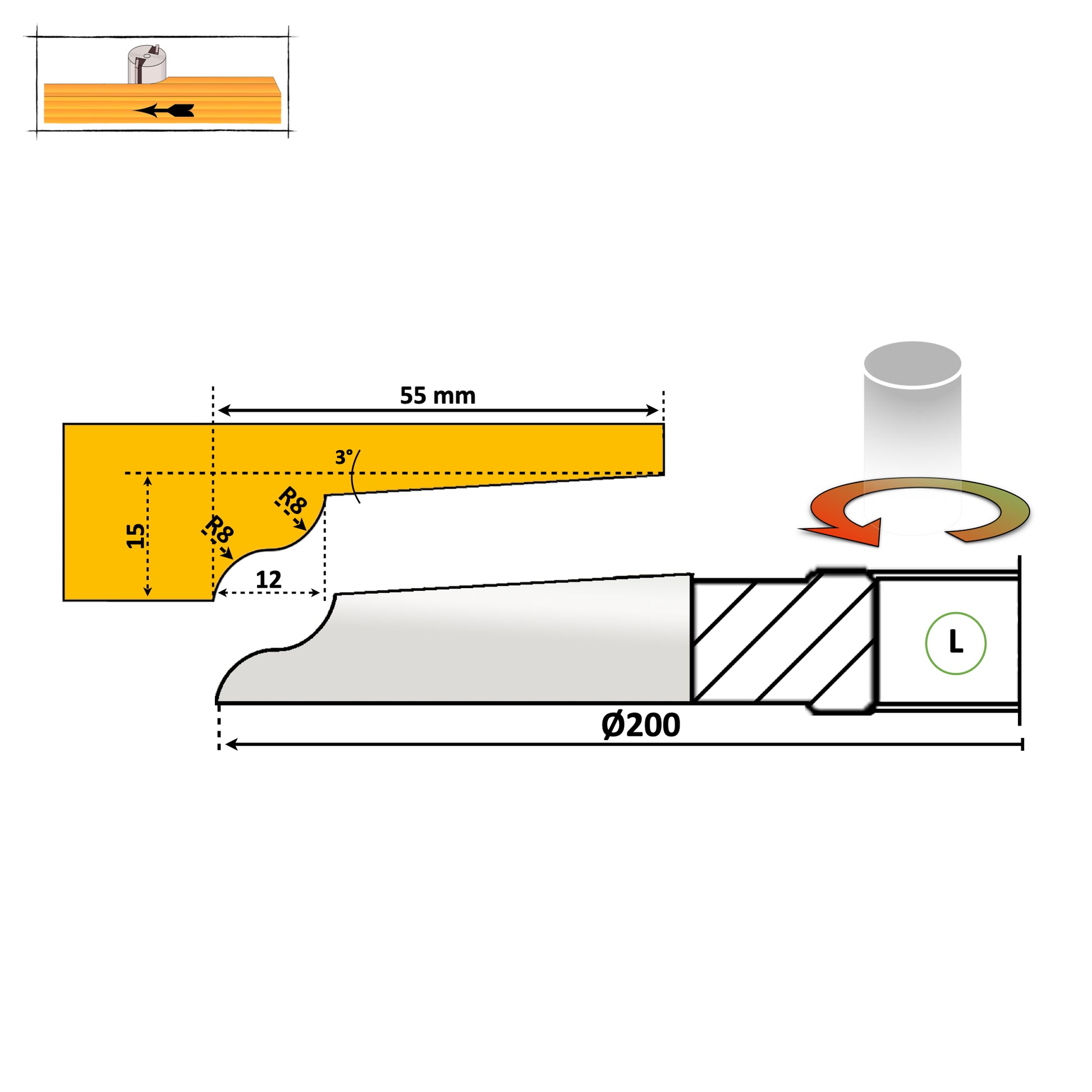 Freza pentru tablie usi cu adancime de 55 mm pentru esenta moale si tare cu profil usor rotund simplu de slefuit, freza avand rotatie spre stanga 