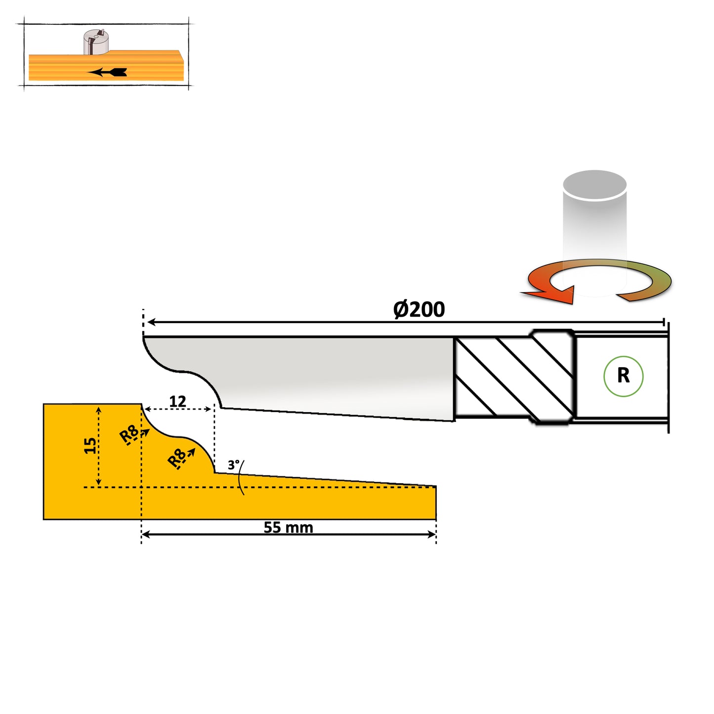 Freza pentru tablie usi cu adancime de 55 mm pentru esenta moale si tare cu profil usor rotund simplu de slefuit, freza avand rotatie spre dreapta 