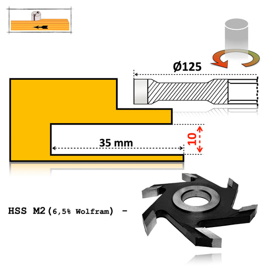 Freză nut clasică HSS otel rapid, 125 x 10 mm – ideală pentru realizarea de ulucuri și falturi precise în lemn.