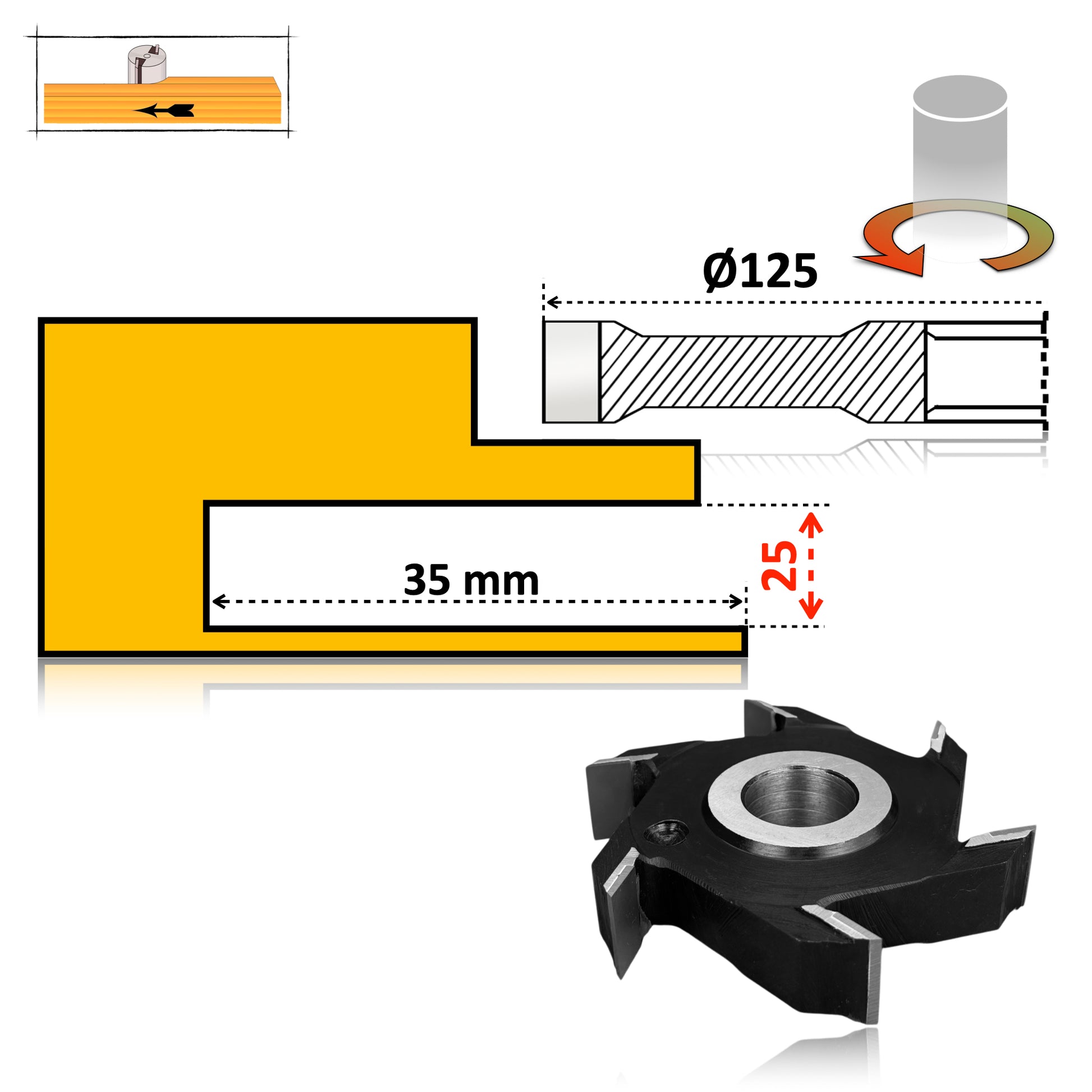 Freză nut clasică Vidia, 125 x 25 mm – ideală pentru realizarea de ulucuri și falturi precise în lemn.