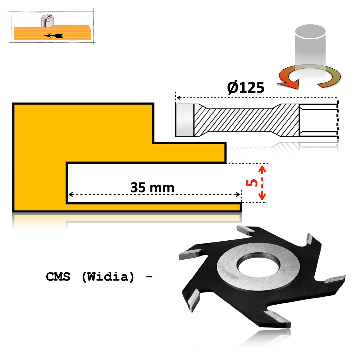 Freză nut clasică Vidia, 125 x 5 mm – ideală pentru realizarea de ulucuri și falturi precise în lemn.