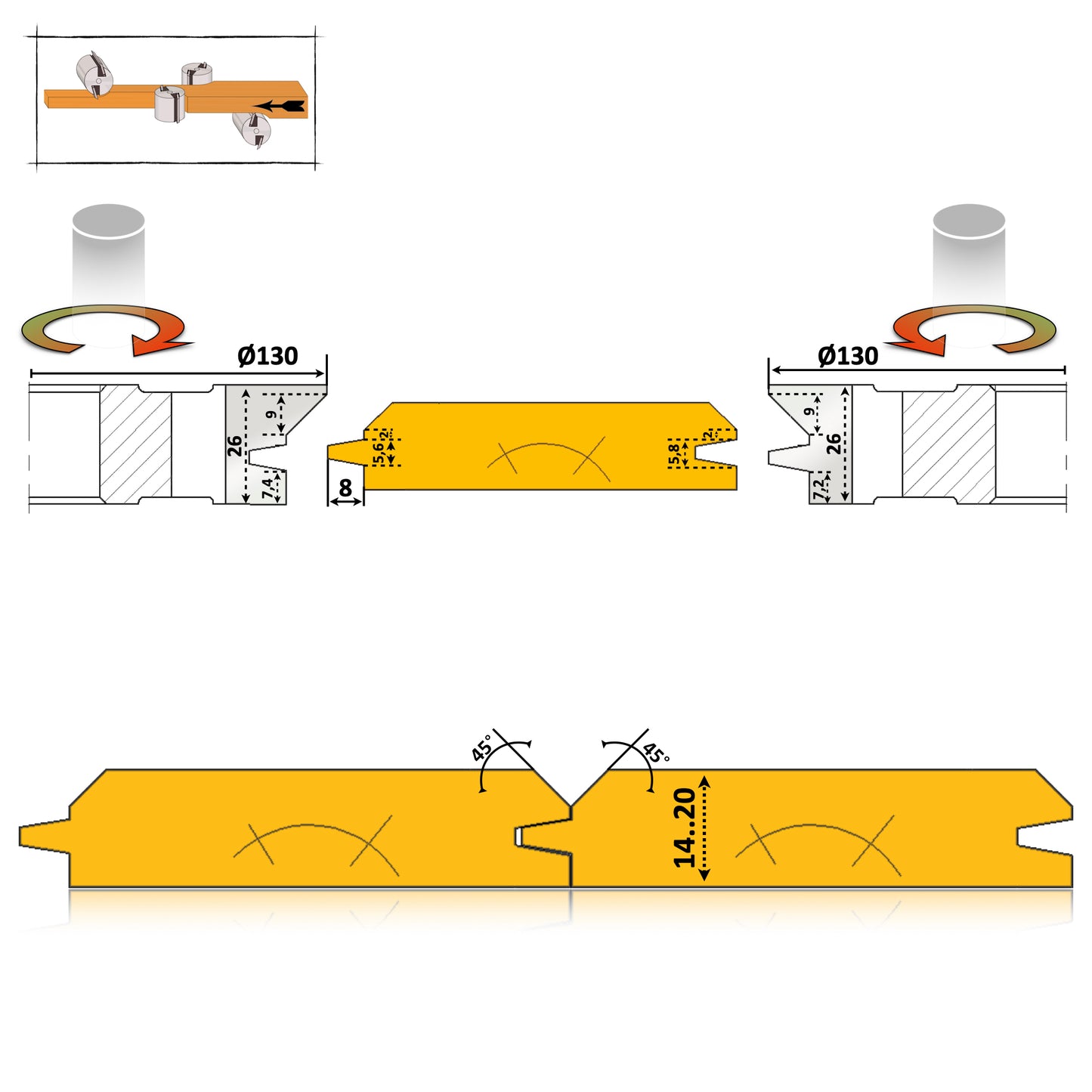 Set freze pentru lambriu cu profil oblic tesit la 45 de grade pentru masina de frezat cu 4 fete cnc si pentru lemn de la 14 pana la 20 mm de esenta moale sau tare