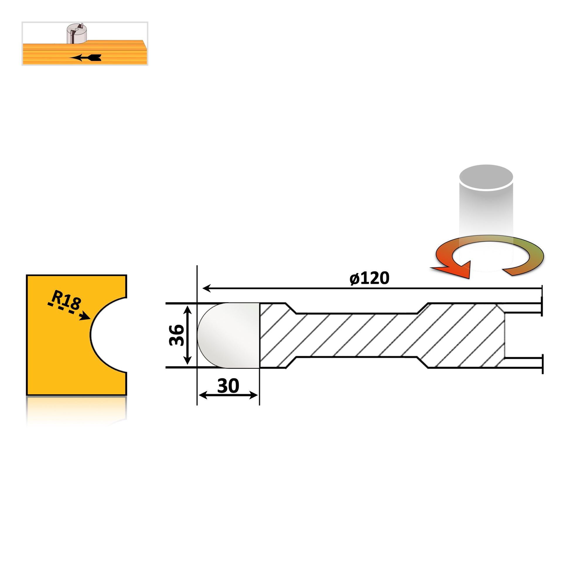 Freza Semi cerc Convexa de raionat canal in lemn cu raza de 18 mm si grosime de 36 mm pentru elemente decorative sculptate