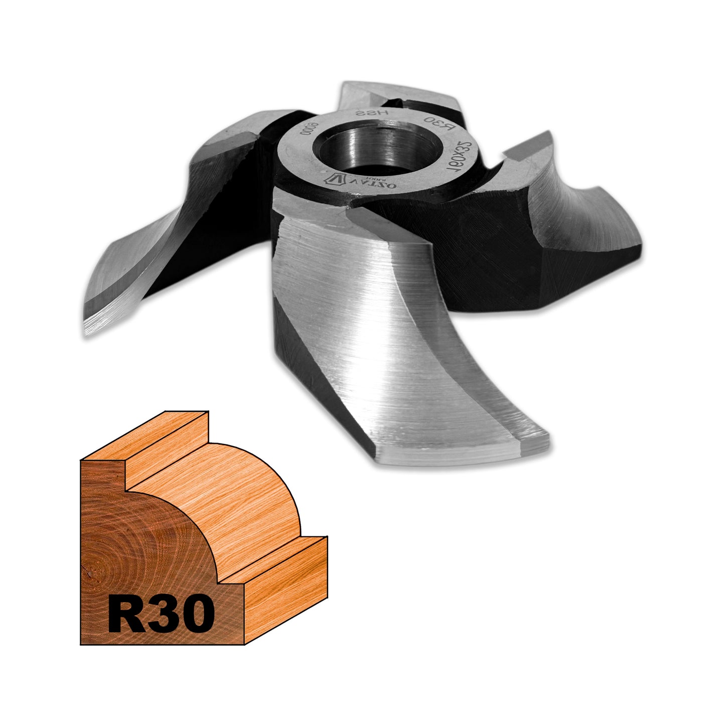 Freza sfert de cerc concav R30 placată cu HSS M2 pentru lemn, disponibilă în variante dreapta și stânga, pentru uluci și contururi adânci.