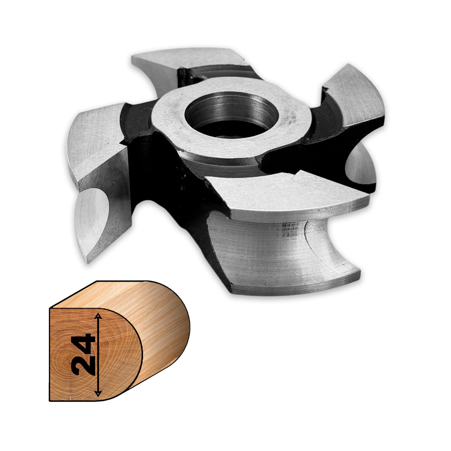 Freza R12 concavă – 24 mm, 4 dinți HSS M2, ideală pentru rotunjirea canturilor groase sau pentru realizarea cozilor de sapă, lopată, unelte.