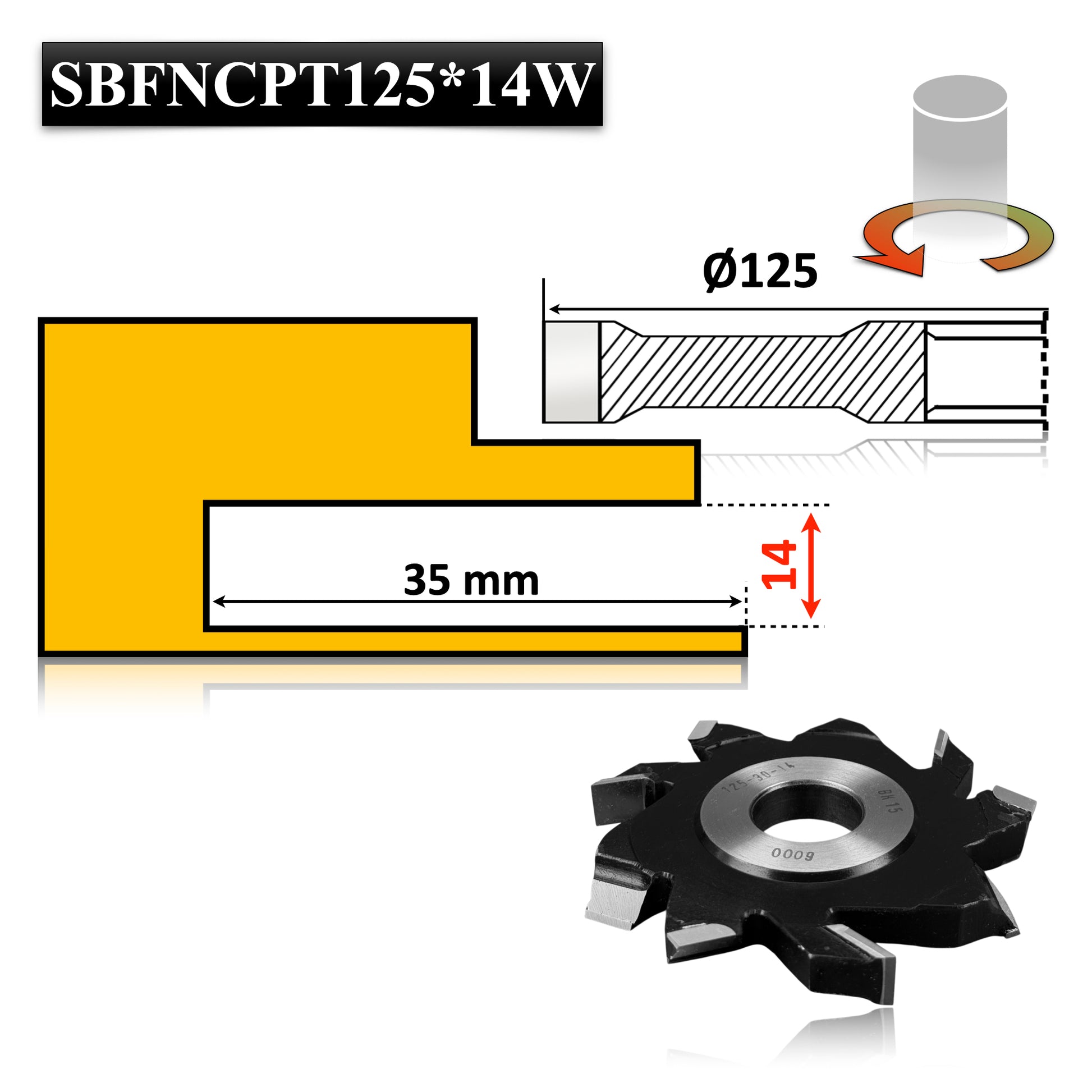 Freză nut cu cuțit pre-tăietor pentru lemn, diametru 125 x 14 mm, Vidia – ideală pentru falturi și caneluri precise.