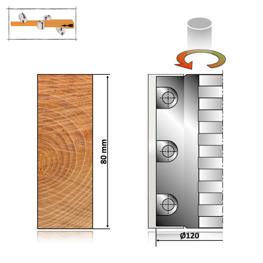 Sculă de tâmplărie tip cap de rindeluire cilindric 120x40x80 mm, corp metalic cu cuțite amovibile pentru finisarea suprafețelor plane din lemn.