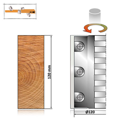 Sculă de tâmplărie tip cap de rindeluire cilindric 120x40x120 mm, corp metalic cu cuțite amovibile pentru finisarea suprafețelor plane din lemn.