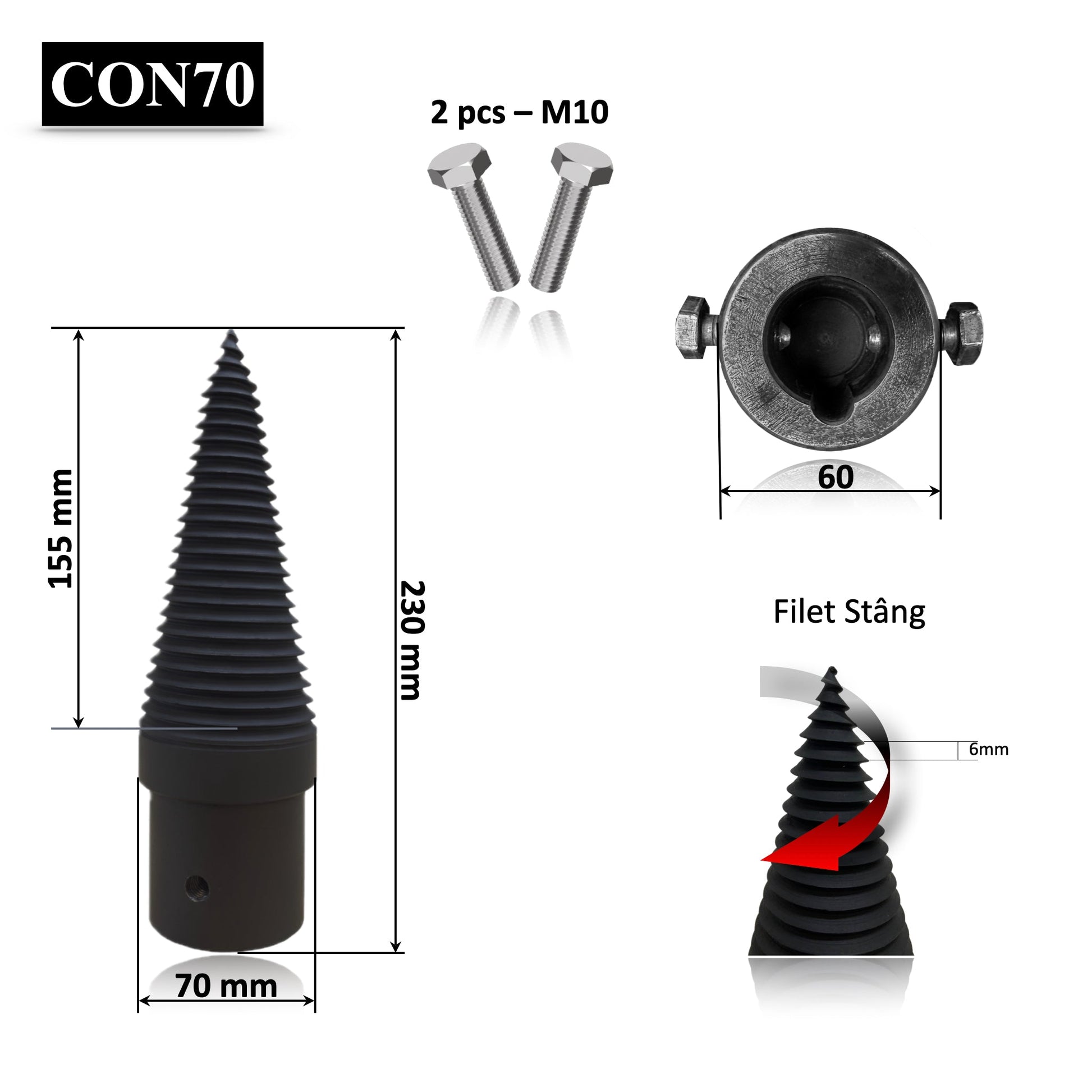 Con crapat despicat lemne bustean de 30-40 cm, pentru motr electric cu ax de 30 mm cu pana, grosime con 7 cm sau 70 mm