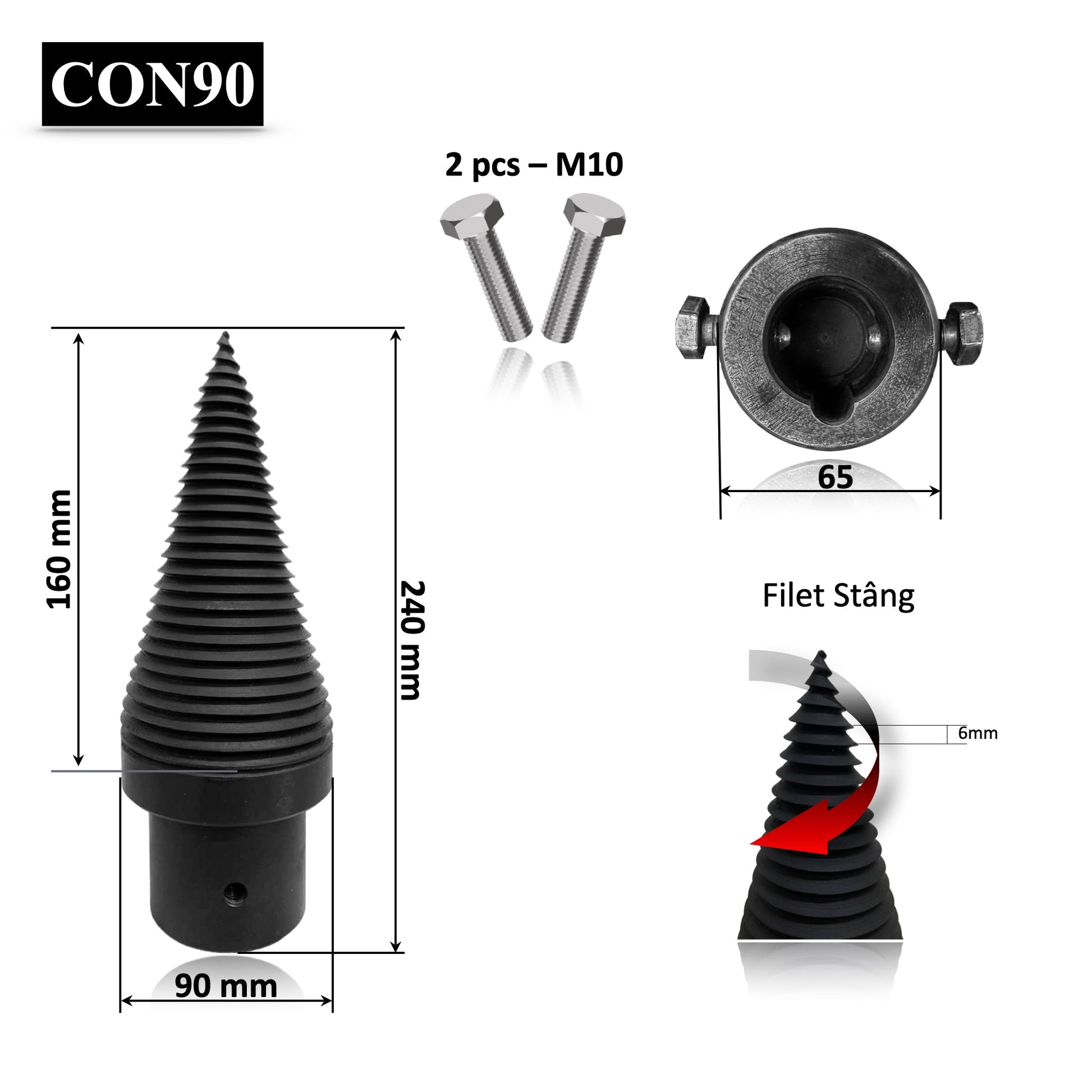 Con crapator de 90 mm pentru despicat lemne si bustean verde sau uscat 