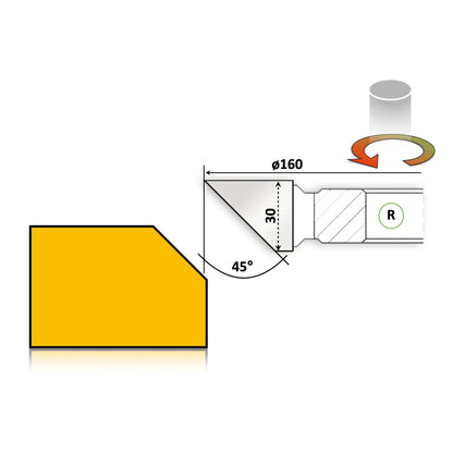 Freza cu alezaj placata cu vidia destinata pentru prelucrarea lemnului anume de fatetat la 45 grade permite grosime pana la 30 mm si prelucrare deasupra lemnului