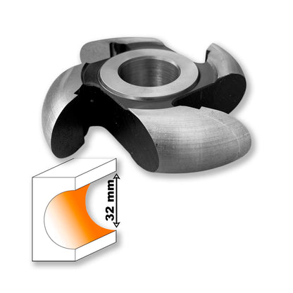 Freza de raionat (holcher) semicerc convex 32 mm, rază 16 mm, 4 cuțite HSS, alezaj 30 mm. Ideală pentru prelucrarea precisă a lemnului.
