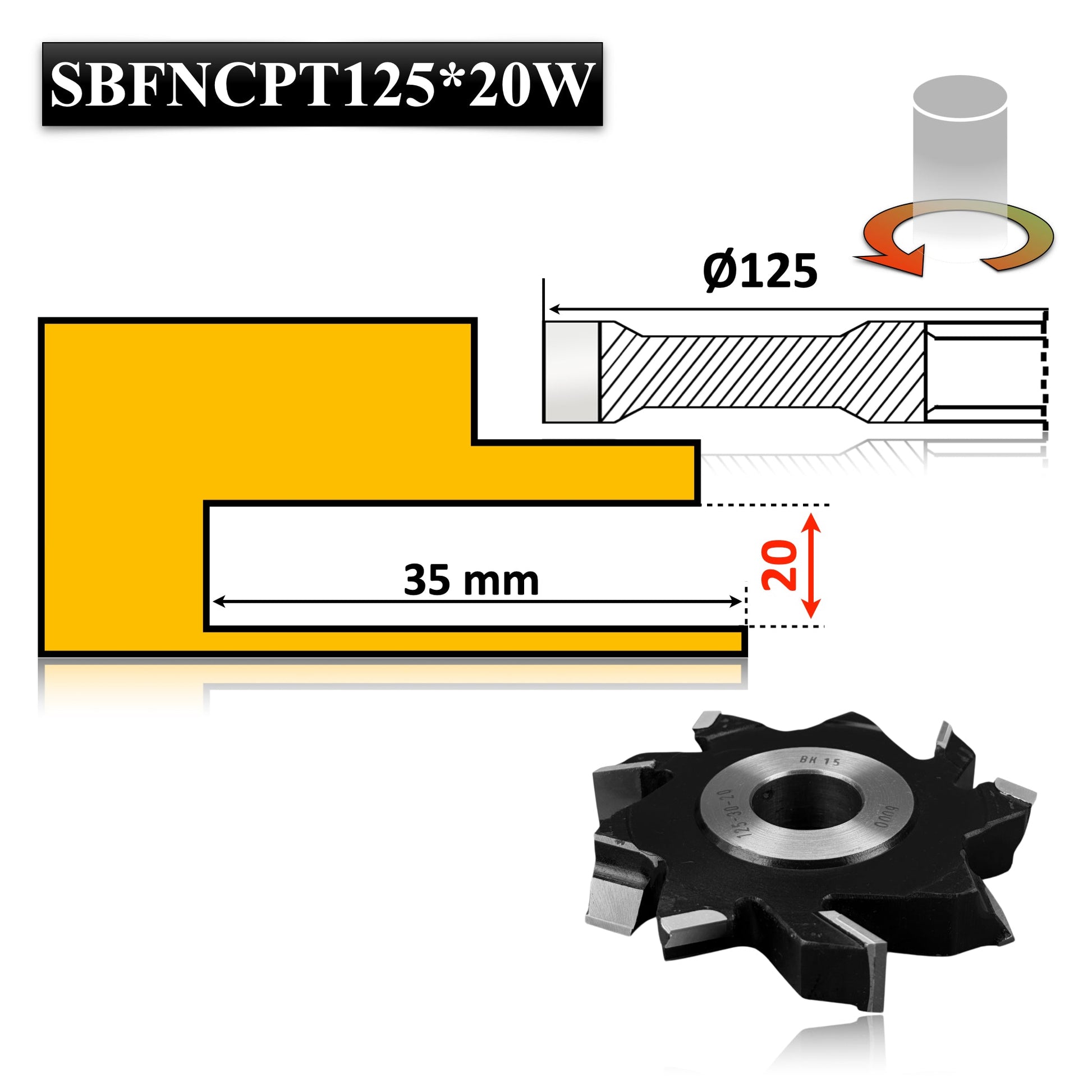 Freză nut cu cuțit pre-tăietor pentru lemn, diametru 125 x 20 mm, Vidia – ideală pentru falturi și caneluri precise.
