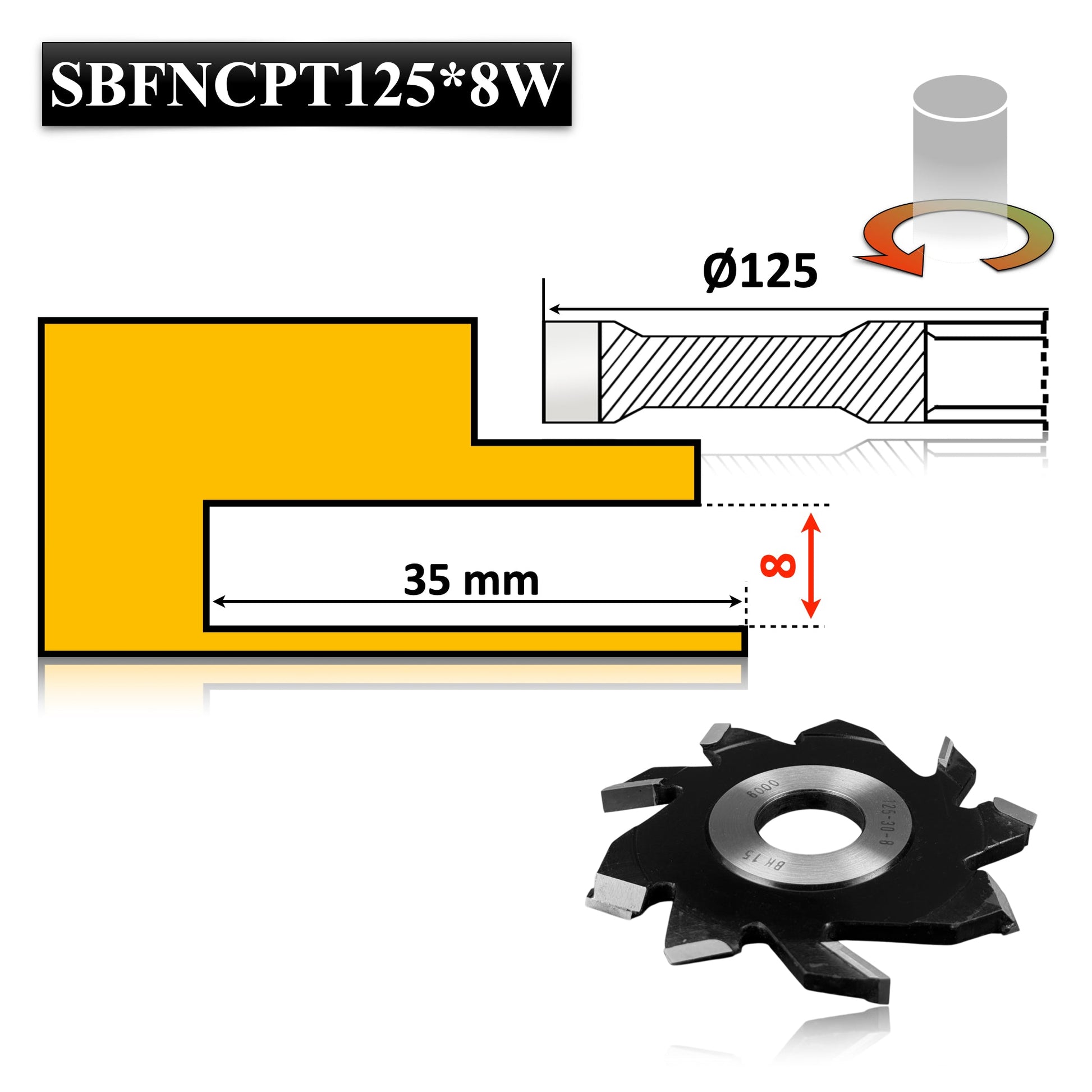 Freză nut cu cuțit pre-tăietor pentru lemn, diametru 125 x 8 mm, Vidia – ideală pentru falturi și caneluri precise.