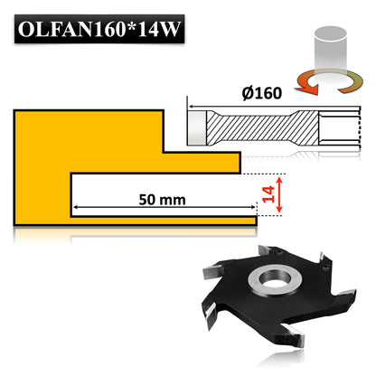 Freză pentru nuturi și caneluri, 160 x 14 mm, cu plăcuțe Vidia – tăieri curate și durabile în lemn masiv.